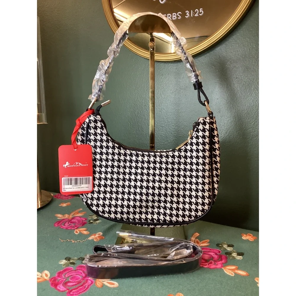 Montana West Hobo Bag Small Black‎ White Houndstooth NWT